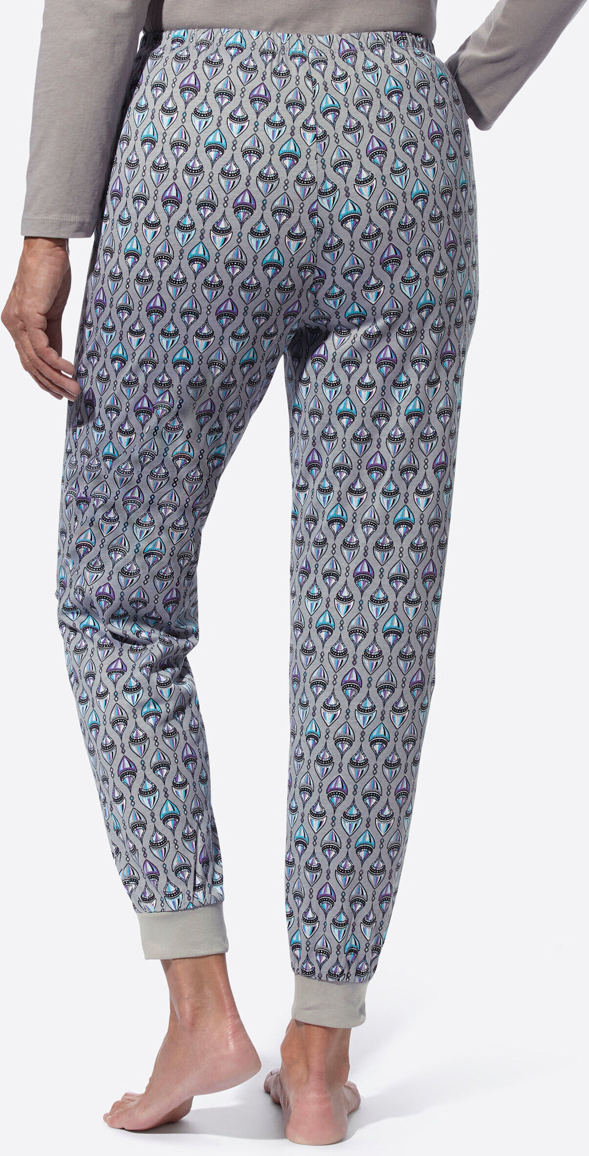 Sieh An! Schlafanzug SIEH AN "Schlafanzug-Hose Schlafanzughose mit einfarbigen Bündchen", Damen, Gr. 48/50, steingrau, bedruckt, Modisch, Homewear-Sets Schlafanzug