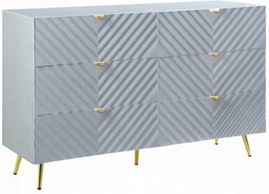 Benjara Tyra Dresser, 55 Inch, 6 Wave Patterned Drawers with Gold Handles, Gray