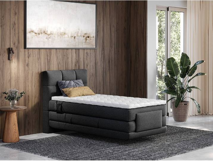Boxspringbett mit gestepptem Kopfteil + elektrischem Untergestell mit Relaxfunktion + Matratze + Topper - 100 x 200 cm - Stoff - Anthrazit - LODI von PALACIO