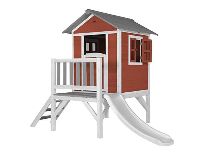 AXI Beach Lodge XL Spielhaus aus Holz in Rot mit Weißer Rutsche Kleiner Spielturm, Stelzenhaus mit Veranda & Rutsche für Kinder, FSC Holz, Podesthöhe 57 cm