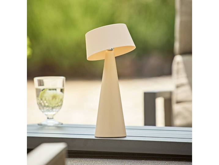 Sigor LED-Akku-Tischleuchte Solino, beige, Solar/USB, 26 cm, IP44 dimmbar, creme / amber, für Wohn- / Esszimmer, Aluminium, Modern