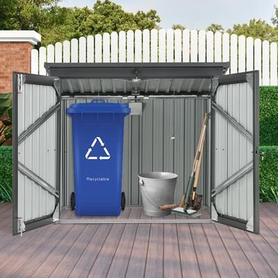 Stainless Galvanized Steel Outdoor Garbage Bin Shed for Storing 2 Trash Cans in Garden, Yard, or Lawn