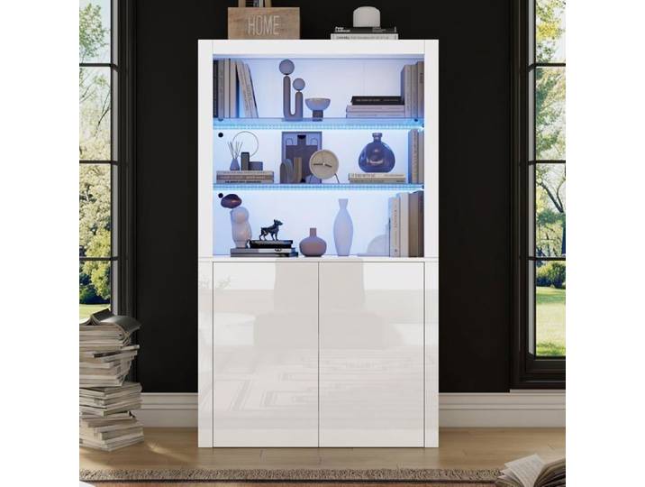 Vitrine - LEMONBEST - 100x35x170 cm - Blanc - LED 16 couleurs - Étagères verre trempé