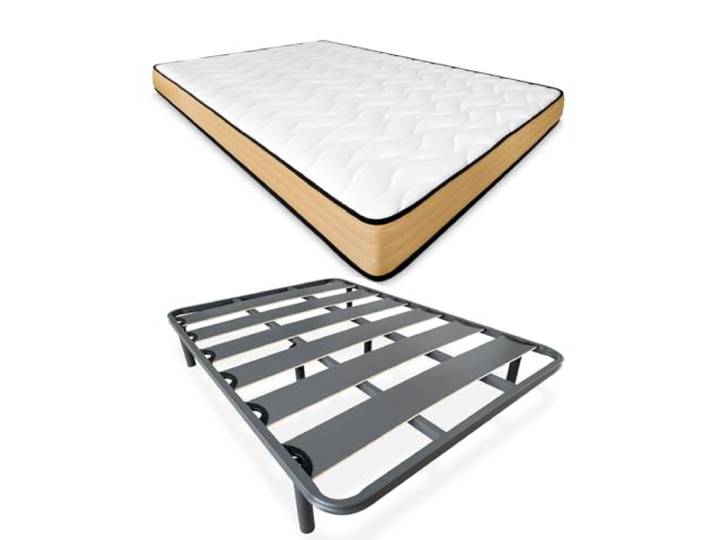 DUÉRMETE ONLINE Komplettes Bett mit wendbarer Viscopeque-Matratze + verstärkter Lattenrost 40 x 30 mm mit 6 Metallbeinen, 135 x 190 cm
