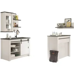 KÜCHEN-SET weiß Pinie, anthrazit Landhaus 5-teilig, Küchenschrank Set mit Theke