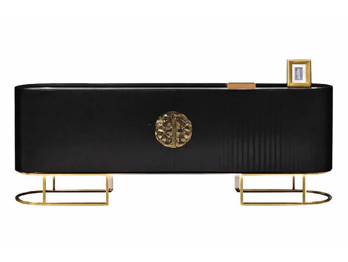 Xlmoebel Sideboard Schwarzes Sideboard mit goldenen Akzenten und Glasplatte (Sideboard), Made in Europa