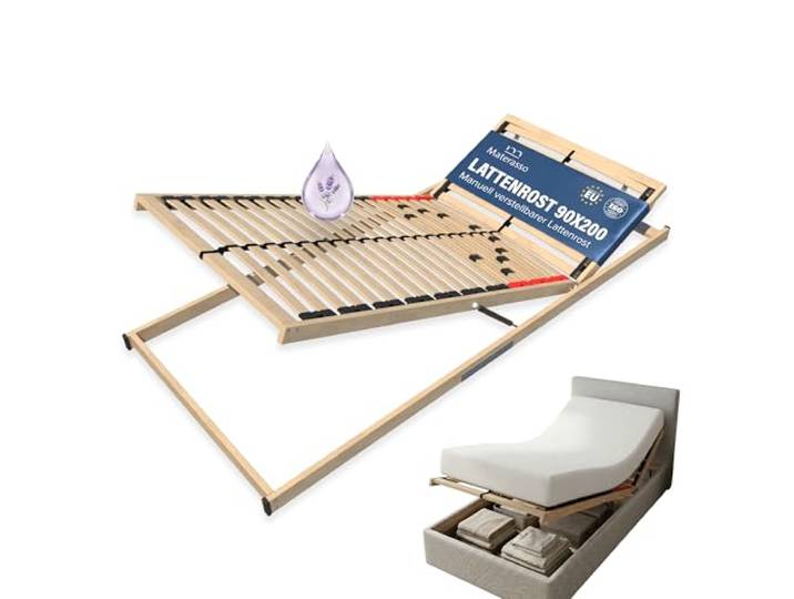 MATERASSO Lattenrost 90x200 cm Verstellbar mit Bettkasten-Zugang 28 Federholzleisten 3 Zonen Kopfteil Verstellbar Aufklappbar Lattenrahmen 90x200 cm Bettrost Birkenholz Buchenholzrahmen