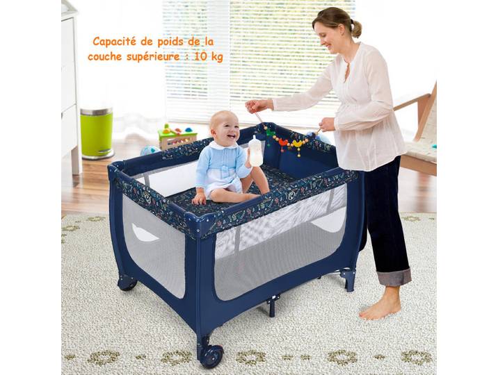 Lit parapluie bébé avec matelas sur roulettes, sac de transport, parc pour bébé, 0-36 mois, charge maximale : 15 kg, bleu
