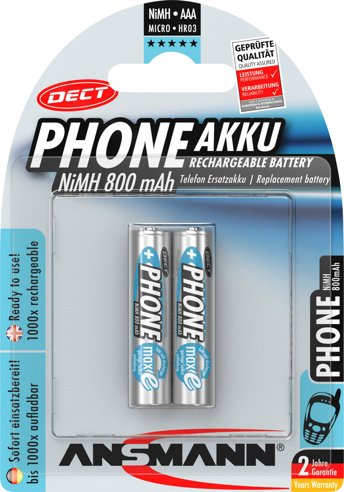 Ansmann 5035332 maxE NiMH Micro AAA Accu 800 mAh voor DECT-telefoons