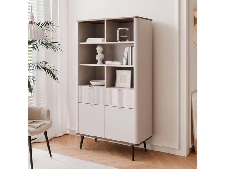 Bibliothèque NAVANI - Meuble rangement avec 2 portes et tiroir - 90x40x142 cm - Cachemire/noyer