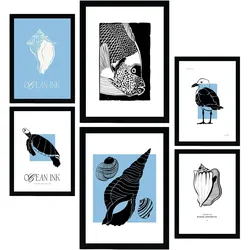 POSTER Set Mit 6 In Schwarzer Tinte Muscheln Kunstdrucke Von Meer Und Ozean Für Innenarchitektur A3 & A4 Schwarzer Rahmen