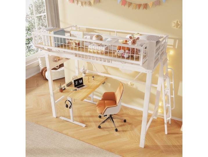 Lit Mezzanine 90x200cm - Lit Simple en Métal avec Étagère Suspendue et Échelle Réversible pour Enfant et Ado - Blanc
