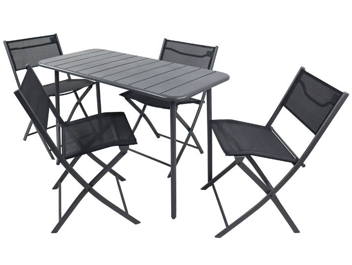 5-delt altan møbelsæt, havebord 110x55 cm med 4 klapstole, metal & tekstil, vejrbestandig, pladsbesparende til altan & terrasse, Sumila