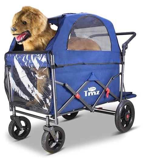 Klappbarer Hundewagen mit atmungsaktivem Stoffdach, Zugang von vorne und hinten, verstellbarer Griff, 120 kg Tragkraft für Spaziergänge und Camping (Blau)