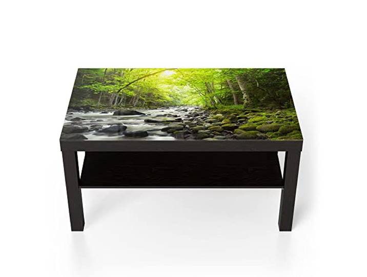 DEQORI Glastisch schwarz groß 90x50 cm Motiv Steiniges Flussbett ausgefallener Beistelltisch aus Glas Hochglanz Couchtisch fürs Wohnzimmer moderner Couch Tisch mit Design