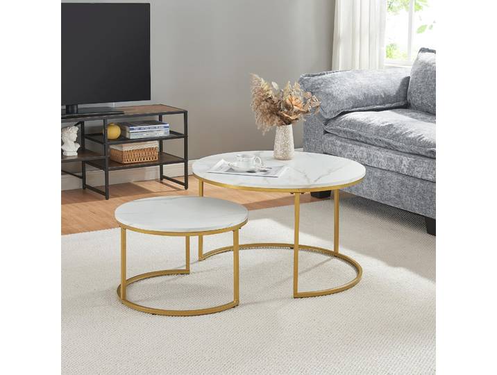 Couchtisch ’Christchurch’ 2er Set Satztisch Metallgestell Marmoroptik, Weiß/Gold