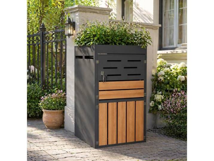Coffre Exterieur Gris En Metal Armoire De Jardin 2 En 1 FloraGrace Pour Jardin Bac A Plantes Integre 66x80x128cm