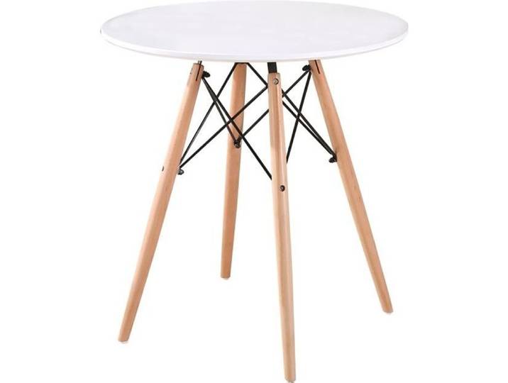 Table à manger ronde scandinave blanc laqué - OOBEST - Ø70CM - 2 à 4 personnes - Pieds en bois hêtre massif