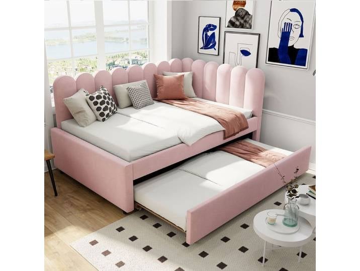 Canapé gigogne - SOGEU - Tête fleurie - Couchage 140x200 - Velours rose - Lit capitonné