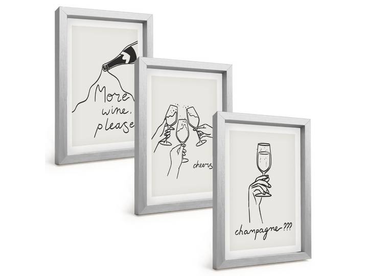 BILDER SET 3er Set - 20x30 cm Silberner Rahmen - Champagner-Wein-Linienzeichnung