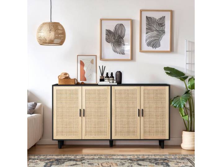 Armoire de rangement noire à 4 portes en rotin style élégant et polyvalent