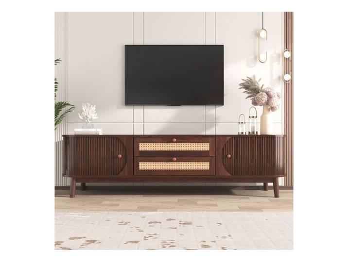 MC Star TV-Ständer Natürlicher Holz-Blend TV-Schrank mit Türen und Schubladen, (TV-Ständer mit Rattanseiten. Aufbewahrungslösung, Natürlicher Landhausstil)
