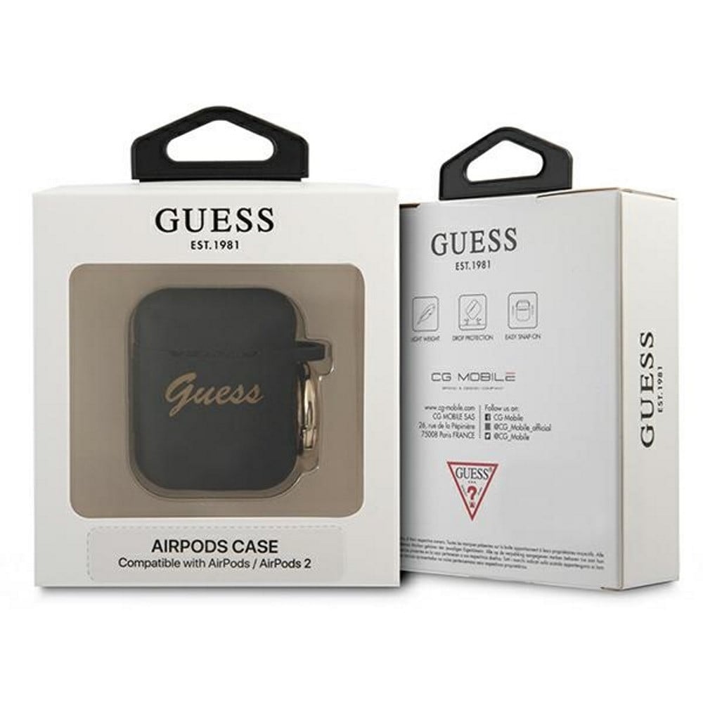 Guess AirPods hoesje zwart siliconen vintage lettertype