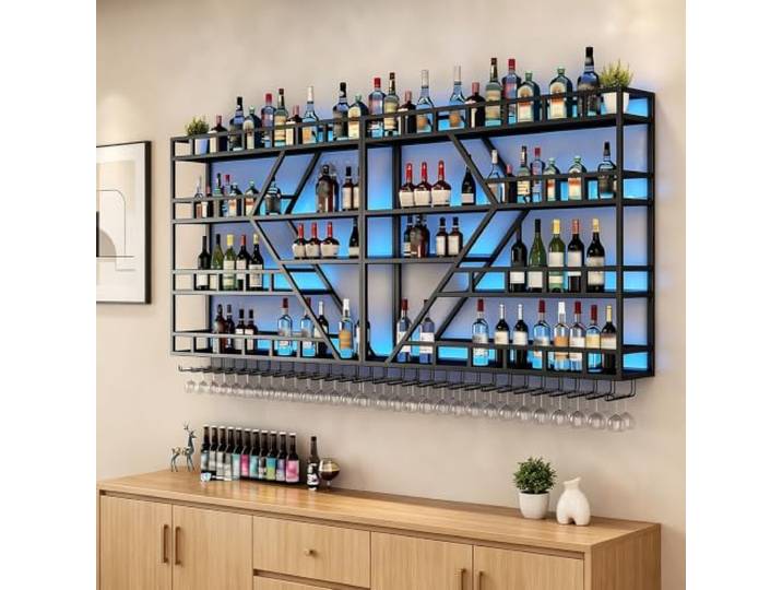 Kifezk Schwarz Weinregal Wand, 160 cm Wandmontage Bar Regal mit Glasregal Robuste Weinregal aus Eisen‑Holz, bis 100 kg Tragfähigkeit, mit Glashaken für Küche, Bar, Restaurant