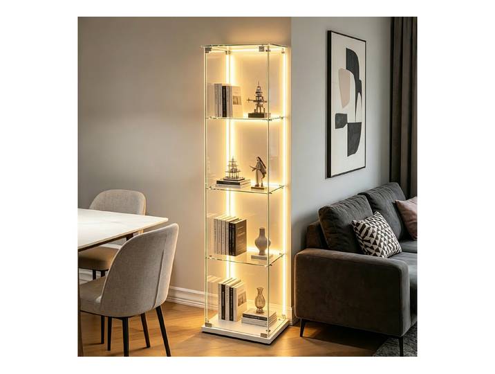 Simurq Glasvitrine Standvitrine mit Glastüren, Vitrine Glas mit LED, Vitrinenschrank (Eckglasanzeigeschrank, Sammlervitrine,Rahmenloses Design) Eckglasanzeigeschrank, Sammlervitrine, Rahmenloses Design