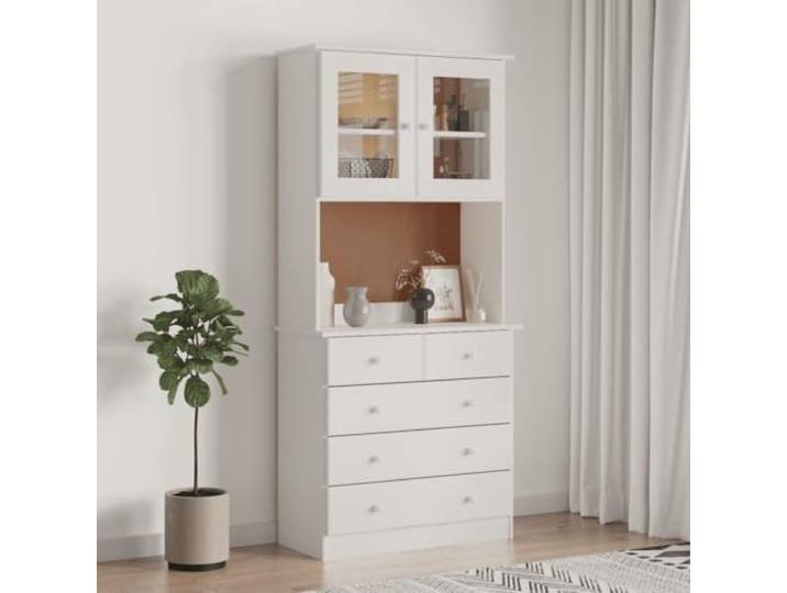 HEFZGDB Massivholz Highboard für Wohnzimmer aus Kiefer mit Glastüren - Rustikales Hochboard aus unbehandeltem Kiefernholz zum Streichen - Schrank mit reichlich Stauraum