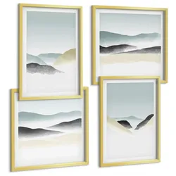 BILDER SET 4er Set - 50x50 cm & 40x60 cm Goldrahmen - Berge minimalistische Pastellfarben