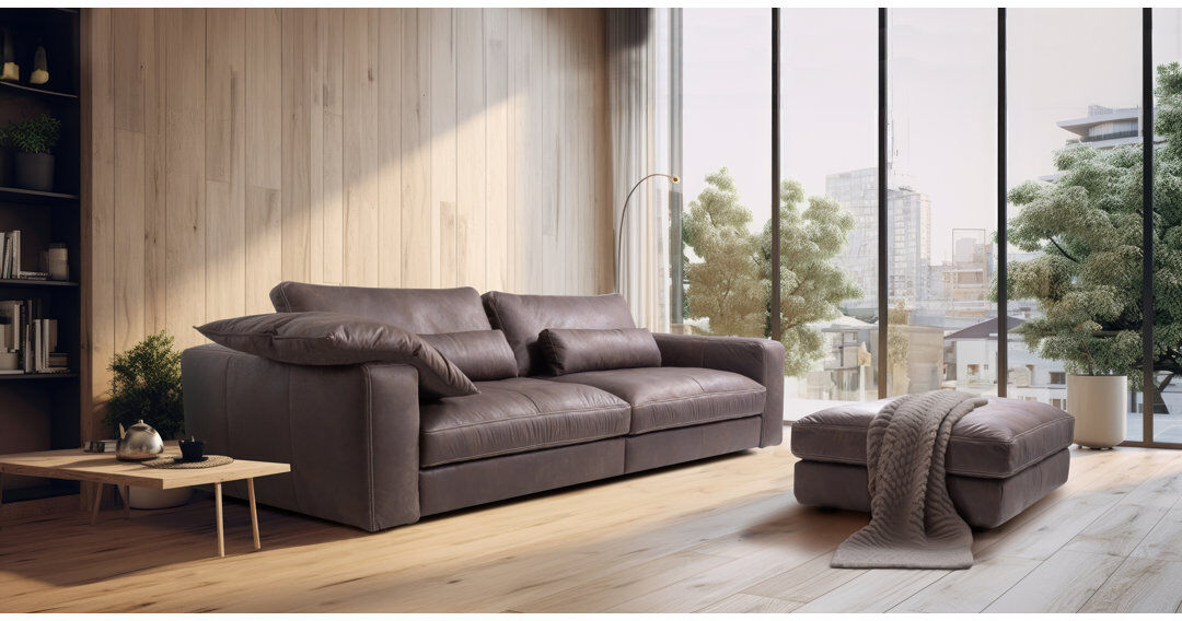 Ebern Designs Parven 4 Seater Genuine Aniline Leather Big Sofa Brown 85cm H X 300cm W X 123cm D