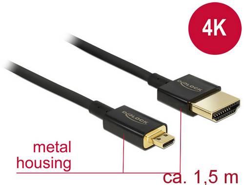 Delock HDMI Anschlusskabel HDMI-A Stecker, HDMI-Micro-D Stecker 1.50m Schwarz 84782 4K UHD, vergoldete Steckkontakte HDMI-Kabel