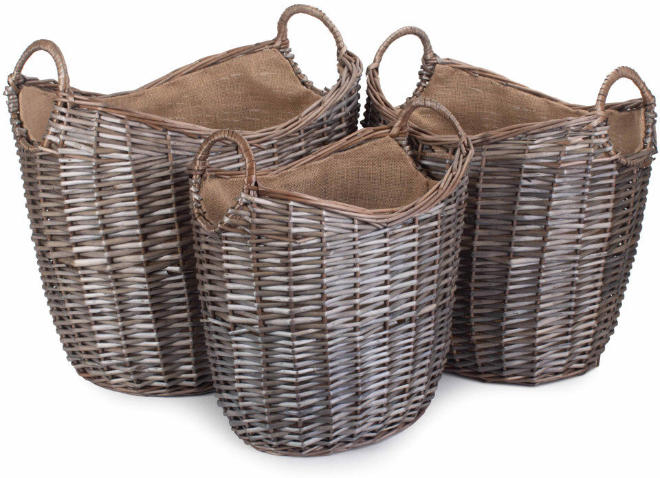 Highland Dunes Wicker Scoop Neck Hessian Lined 3 Piece Storage Basket Set Antique Wash