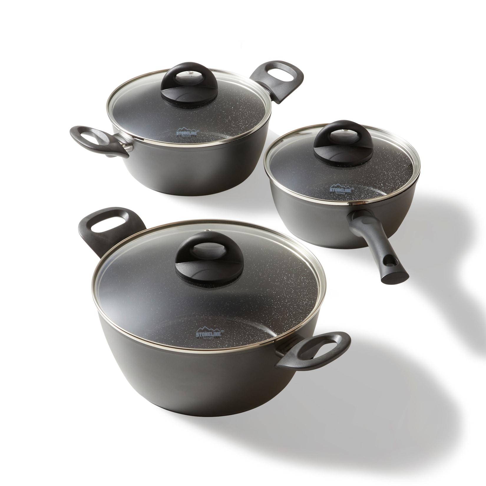 STONELINE Ceramic Topfset für Induktion geeignet, 6 teilig, Kochgeschirr Set mit Glasdeckel, Töpfe mit Keramik Antihaftbeschichtung und echten Steinpartikeln