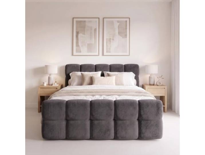 Elvora DESIGN. Boxspringbett SOVA I 180x200 cm, 2 Bettkästen, Graphit Bonell-Federkernmatratze, Schaumstoff-Topper 6 cm, zwei Bettkästen mit Gasdruckfedern, Bouclé-Bezug, Sitzhöhe 57 cm