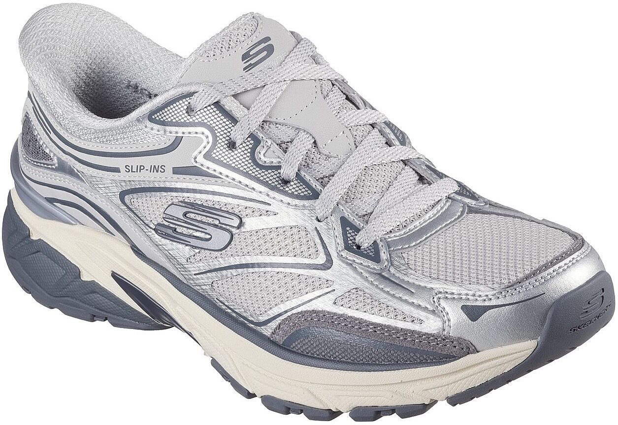 Slip-On Sneaker SKECHERS "STAMINA SPORT", Damen, Gr. 41, Textil, silber (silberfarben), Lederimitat, Mesh, metallic, Schuhe Slip-On Sneaker, Retro Sneaker, Schnürschuh mit Metallic-Besätzen