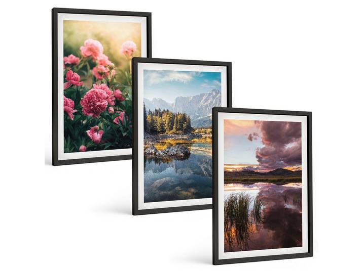 BILDER SET 3er Set - 40x60 cm Schwarzer Rahmen - Blumengarten Berge Wasser