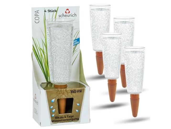 Scheurich Copa M Waterdispenser, 4 x transparant, 150 ml inhoud, kleine irrigatiebal met kleivoet, waterdispenser voor planten en bloemen, terracotta steel