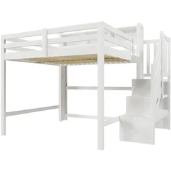STILVORA Hochbett Kiefernholz/MDF Weiß 140x200 cm mit LED, Stauraumtreppe und offenem Staufach