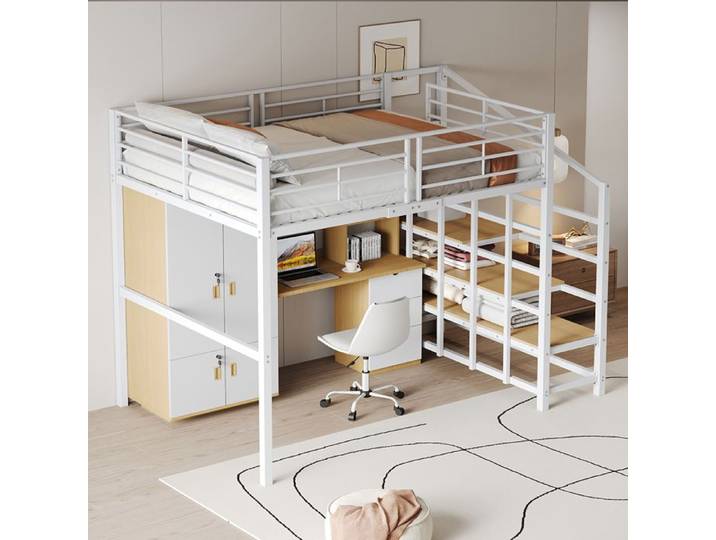 Lit mezzanine superposé 140x200 cm métallique avec espace de rangement et escalier Lit de rangement - SWEIKO - Blanc