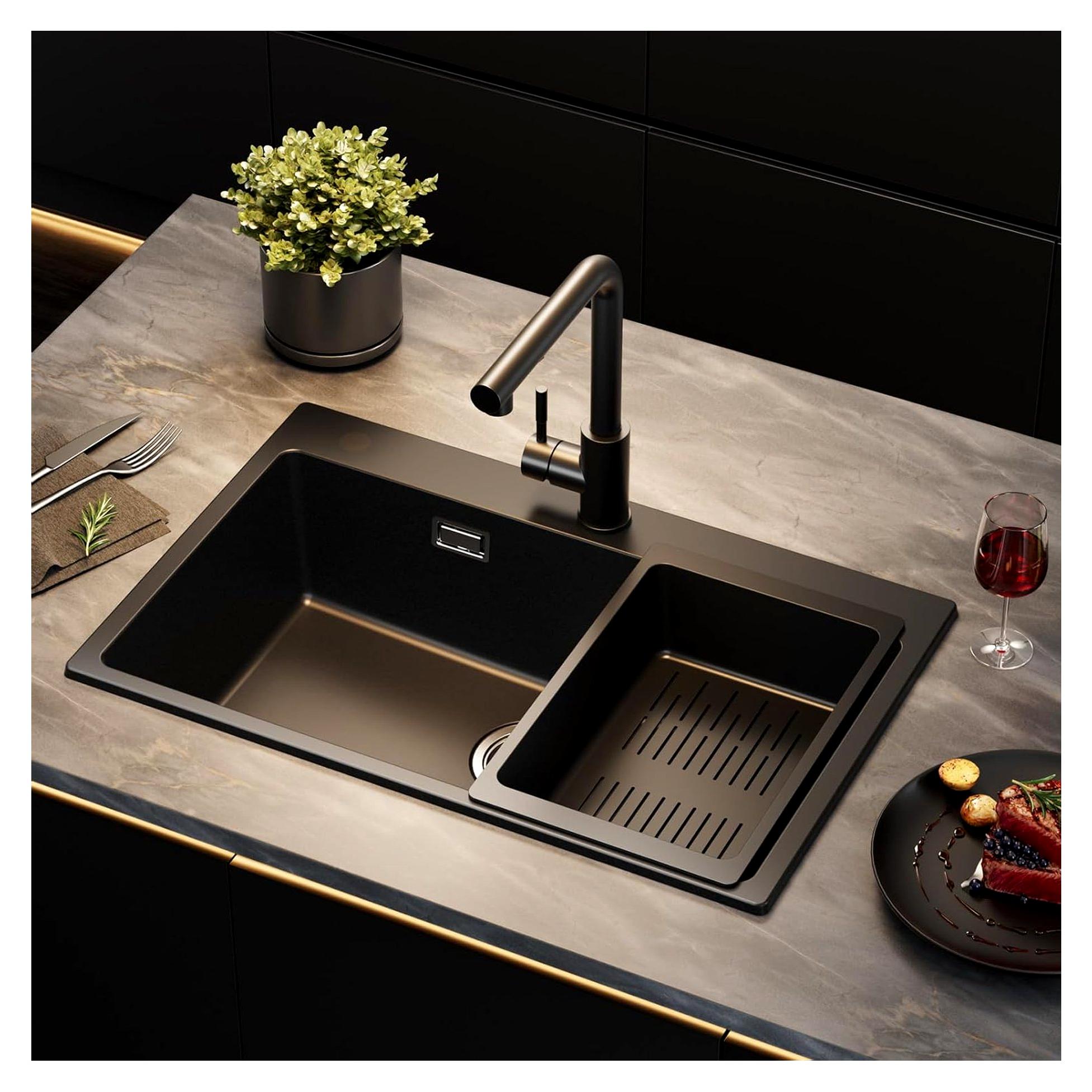 Granitspüle Schwarz, 70x45cm Küchenspüle, Spülbecken Granit, Spüle Küche, Waschbecken Küche, Große Einbauspüle Schwarz, Küchenspülen Rechteckig, Schwarze Spüle, Kitchen Sink, Einzelbecken