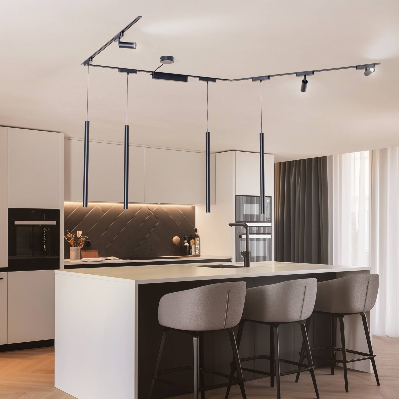 Lumaro track lighting system, spotlights, pendant lights, 7-bulb, black, 48V, 48V Lindby, dimmable, Black, Living / Dining Room, Aluminium, Modern
