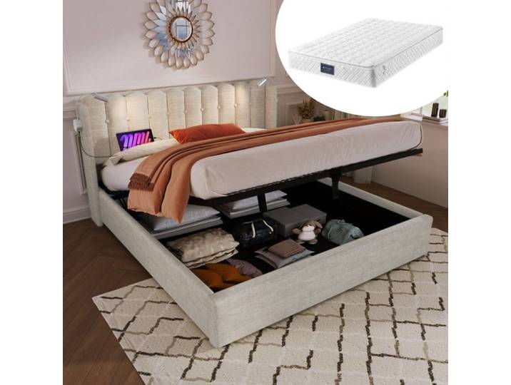 Lit double SENVIRO coffre avec tete de lit liseuse et charge USB