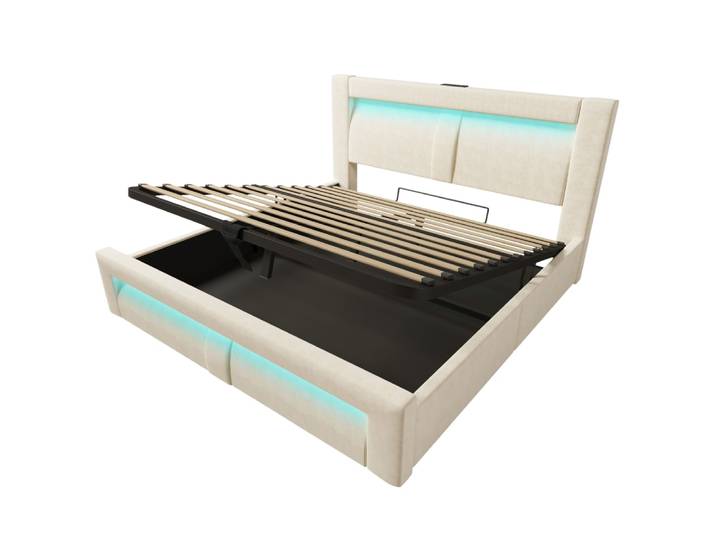 Lit double en velours de polyester beige 140x200 cm