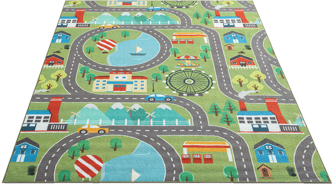 Zoomie Kids Hartsfield Happy Kids Green Rug Grey Rectangle 200 x 290cm