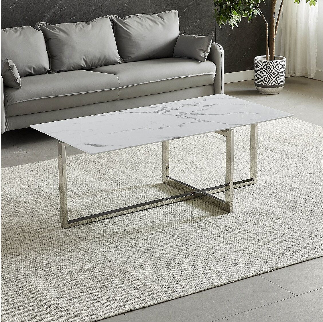 Mesa de centro rectangular - Cristal templado efecto mármol blanco - Metal plateado - CHIARA