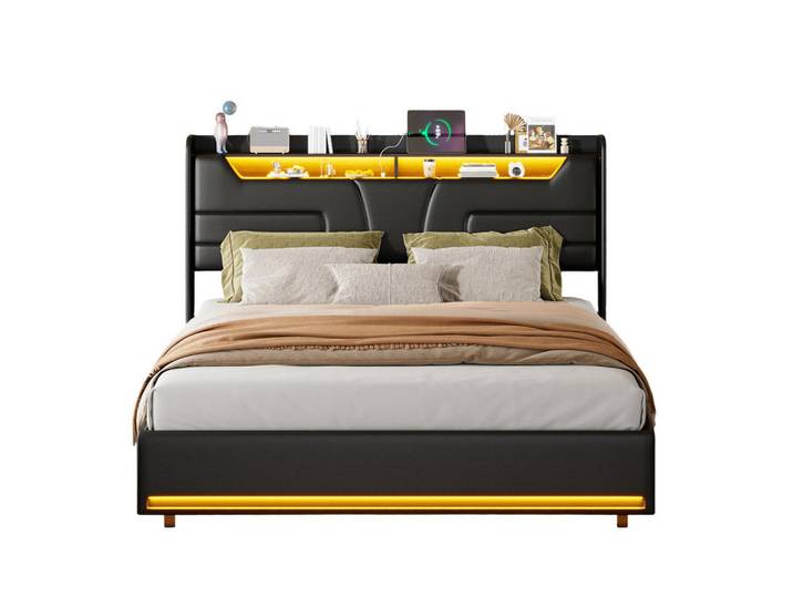 Shopentra Polsterbett 140x200cm schwarz PU, Led, Ladeanschluss, Stauraum, Schwarz, Holz, Schlafzimmer, Betten, Polsterbetten
