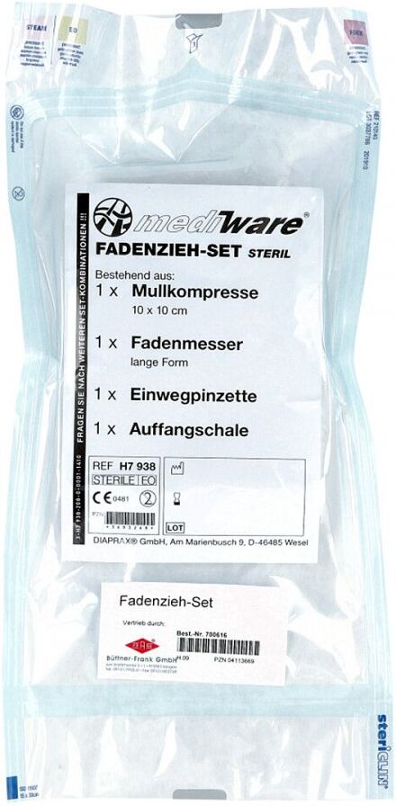 Fadenzieh Set steril mit Trennmesser+Pinzette+Tupfer