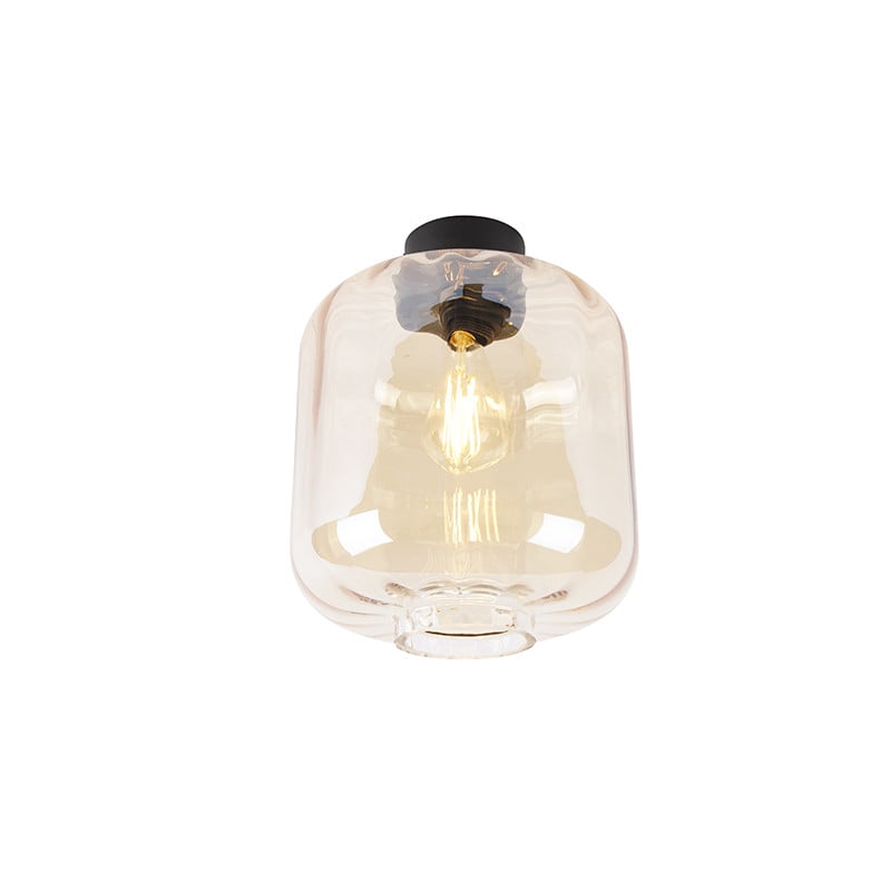 Qazqa Design plafondlamp zwart met amber glas, dimbaar